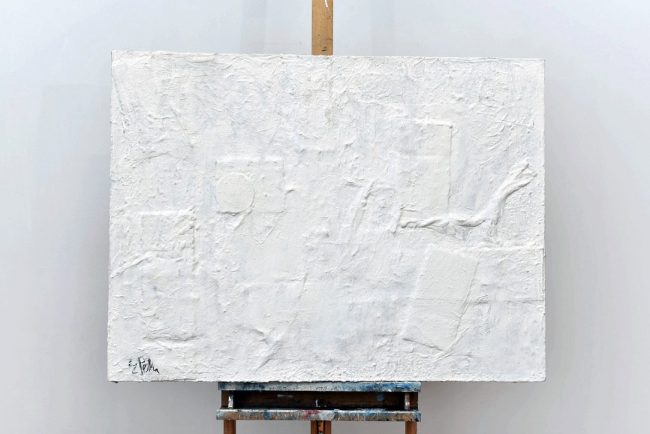 In between flexible ladders inside the moat of desire, 2012 Acrylic and oil with found objects on canvas 30 x 40 in.