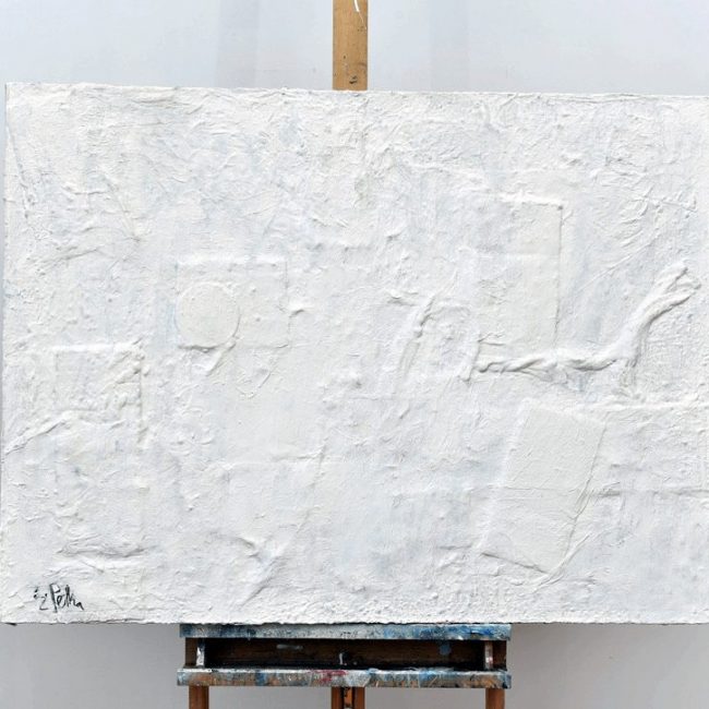 In between flexible ladders inside the moat of desire, 2012 Acrylic and oil with found objects on canvas 30 x 40 in.