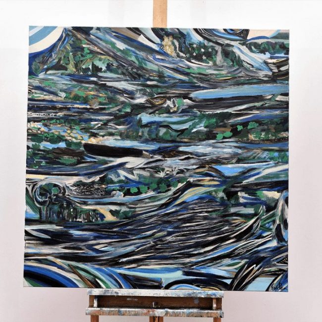 Blue sun beach, barely pink moon, 2019 acrylic tempera and dye on cotton duck 36 X 36 in.