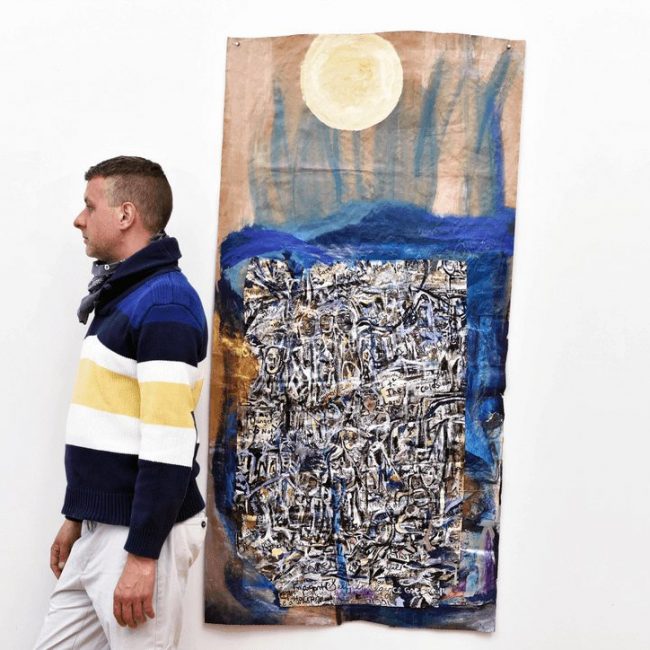 Harvest moon over New York City, 2019 acrylic tempera, ink and collage on kraft paper 59 x 29 in.