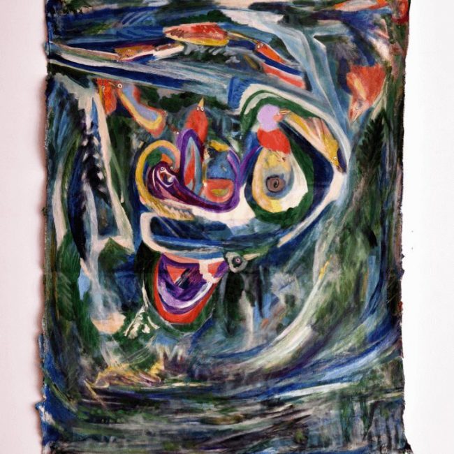 Snail bird bath, 2019 acrylic tempera and dye on linen 52.5 x 37.5 in.