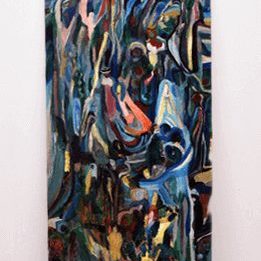 Inland and upland, 2018 acrylic tempera, and oil on wood 20 x 69 in.