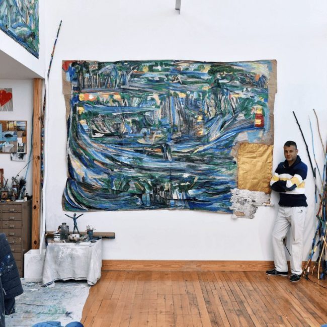 Hilltop streams, 2019 acrylic tempera paper collage on kraft paper 88 x 36 in.