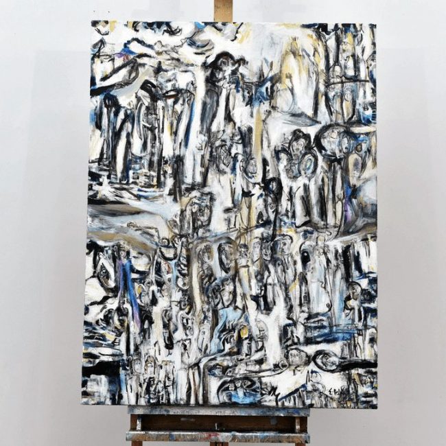 Pealing the grand frown sale, 2006 acrylic tempera and ink on canvas 30 x 40 in.