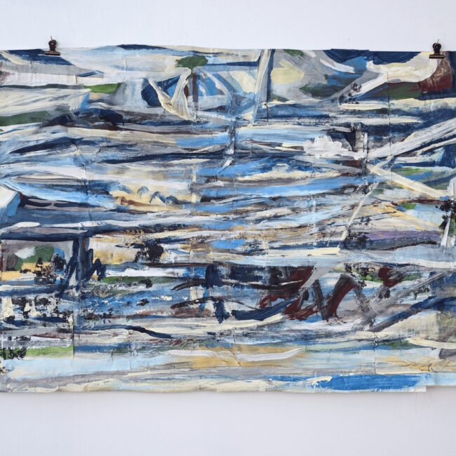 Mascot , 2021 acrylic on layered kraft paper 26 x 45 in.