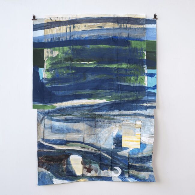 Day break sunshine, sailboats in Arcadia, 2021 acrylic and dye on paper and cardboard collage 53 x 30 in.