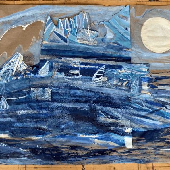 I Know You, 2021 acrylic tempera paper collage on kraft paper 34 x 61 in.