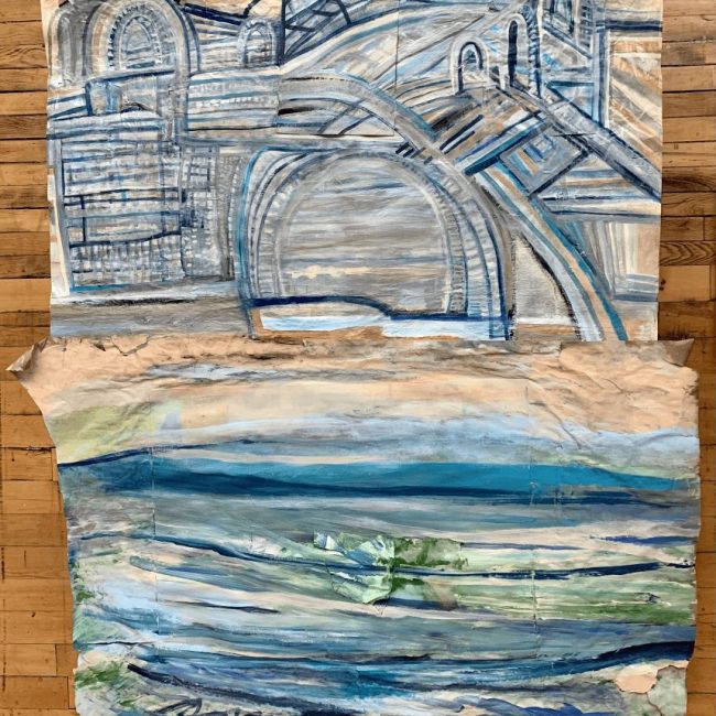 Reminisce Of The Esplanade, Promenade, Galleria, Pavilion & Passageway, 2021 acrylic, tempera-paper collage on Kraft paper 63 x 50 in.