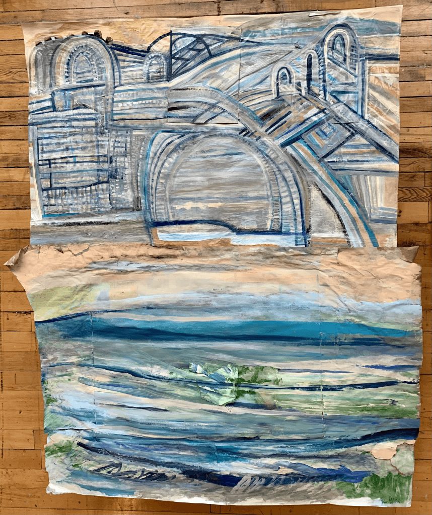Reminisce Of The Esplanade, Promenade, Galleria, Pavilion & Passageway, 2021 acrylic, tempera-paper collage on Kraft paper 63 x 50 in.