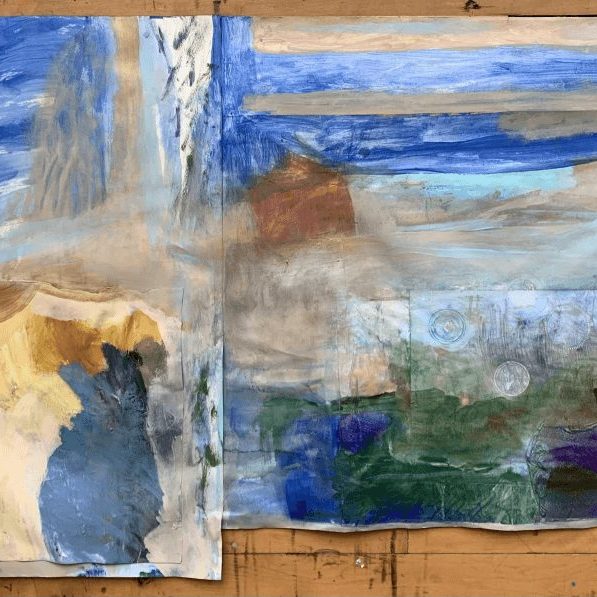 It Was The Mystery That Made Me Paint (an original biography quote), 2021 acrylic, ink and cardboard collage on kraft paper 30 x 51.5 in.