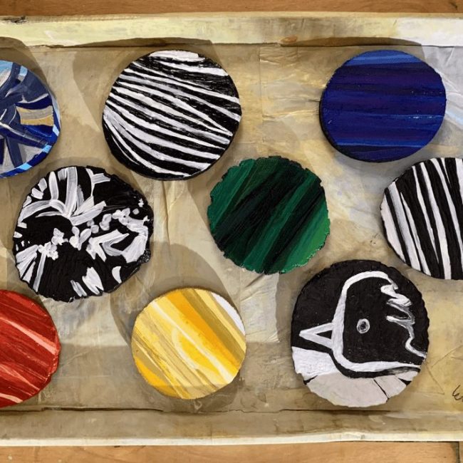 Unusable Coasters Tray, 2021 13 x 19.5 in. acrylic, ink, and dye on wood on cardboard