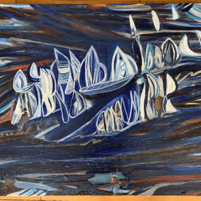 Ships Sailing Back At Night, Towards The Morning Light, 2021 acrylic tempera and dye on canvas 30 x 40 in.