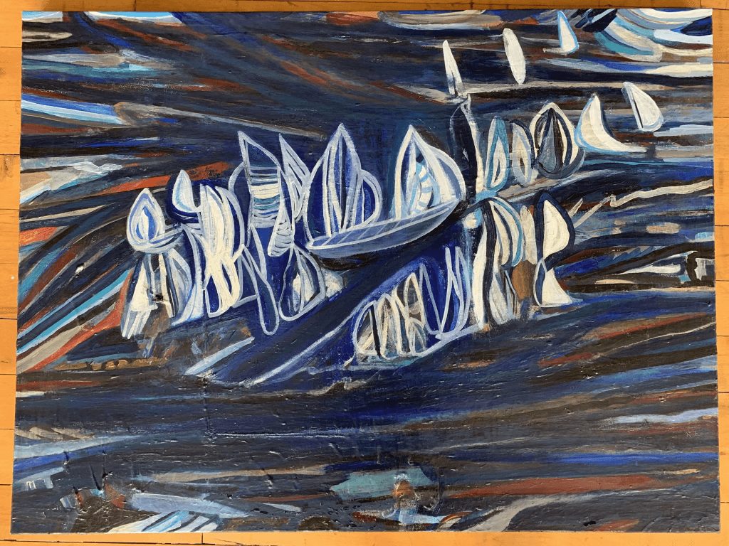 Ships Sailing Back At Night, Towards The Morning Light, 2021 acrylic tempera and dye on canvas 30 x 40 in.