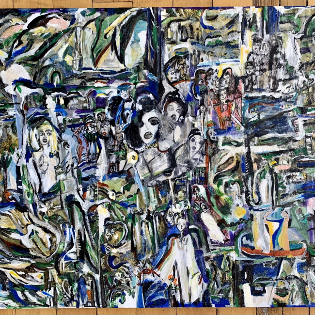 The Grandest Fluctuation, 2006, mixed media acrylic, oil, ink, glitter paper painting collage on canvas 24 x 36 in.