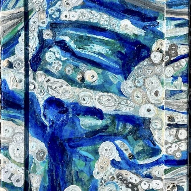 Door barnacles, 2023 39 x 15 in. mixed media painting collage with found objects on wood door