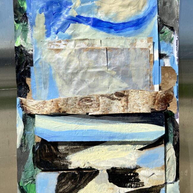 A river that flows across pebbles, 2022 19 x 12 inches acrylic tempera painting collage with cardboard and birch bark mounted on layered paper