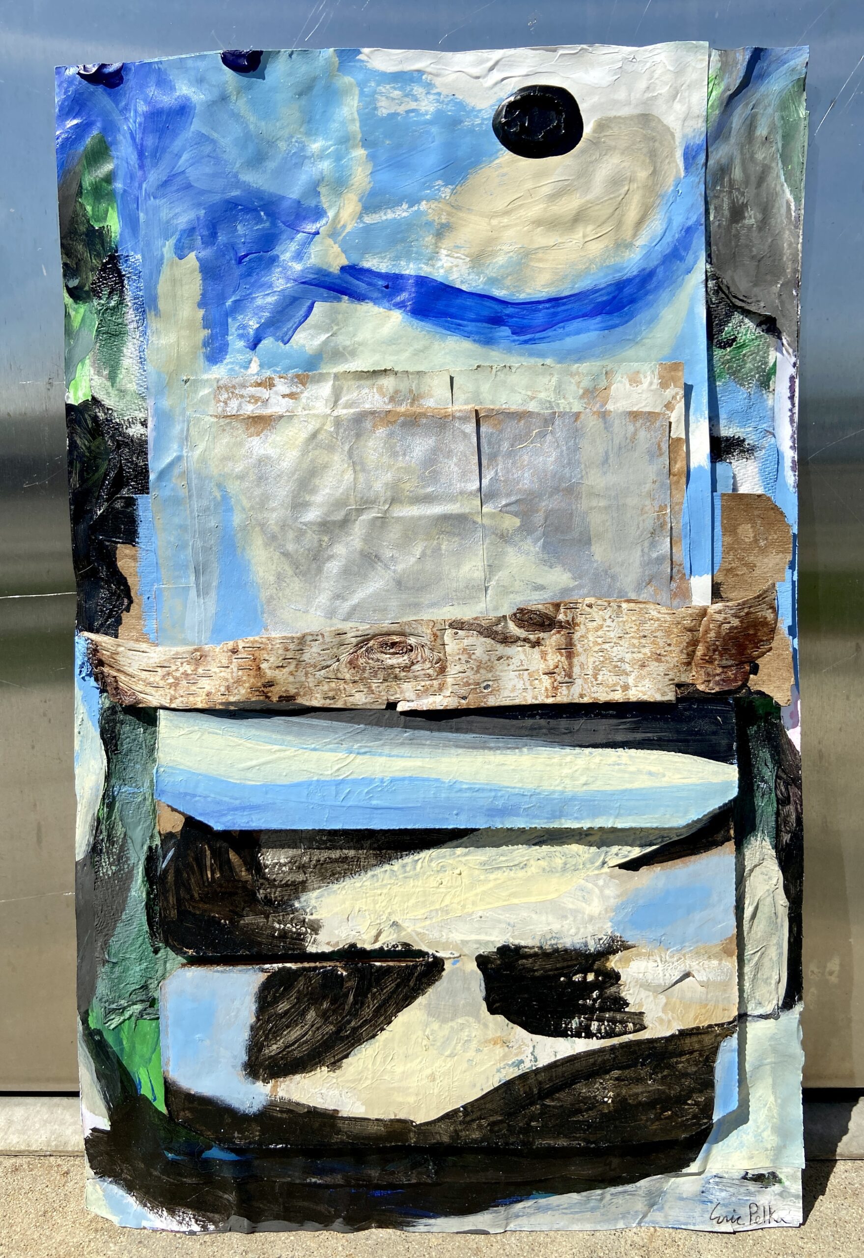 A river that flows across pebbles, 2022 19 x 12 inches acrylic tempera painting collage with cardboard and birch bark mounted on layered paper
