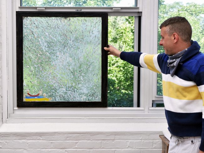 Freedom from the worry, 1998 acrylic and marker on glass window found object 31 x 30 in.